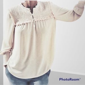 Loft Timeless Cream smocked ruffled yoke Swiss Dot Long sleeves peasant blouse
